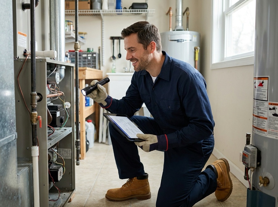 An HVAC technician inspecting a furnace inside a home