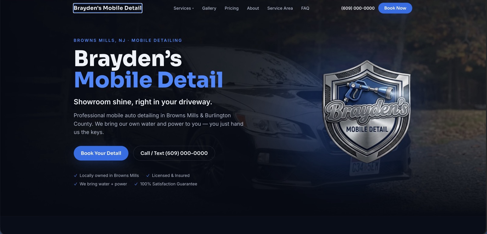 Brayden's Mobile Detail website built by WebDevAuto