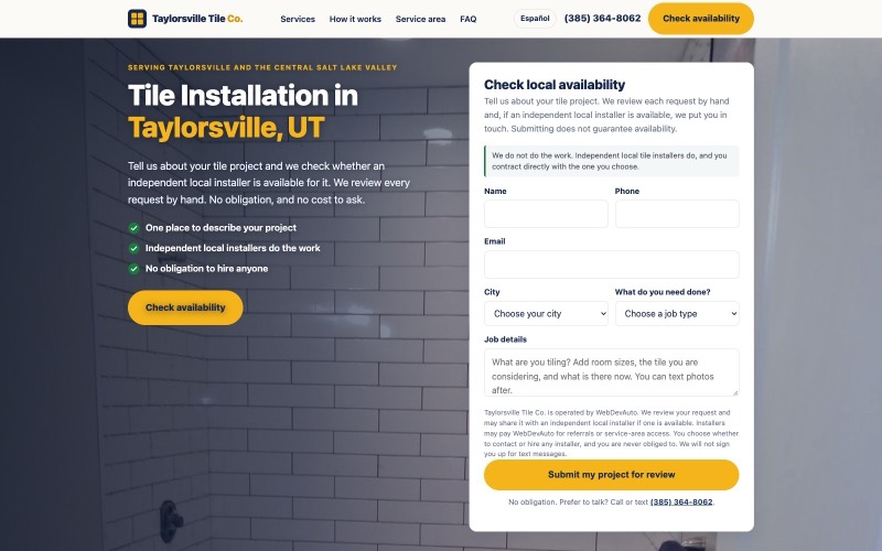 Taylorsville Tile Co. website built and operated by WebDevAuto