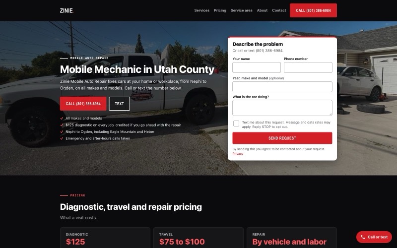 Zinie Mobile Auto Repair website built by WebDevAuto