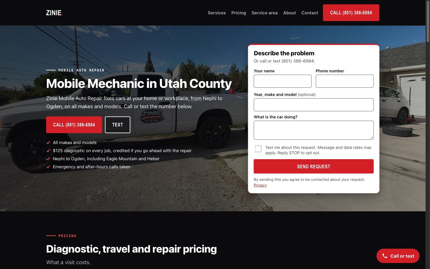 Zinie Mobile Auto Repair website on a desktop screen: the headline and a request form side by side.