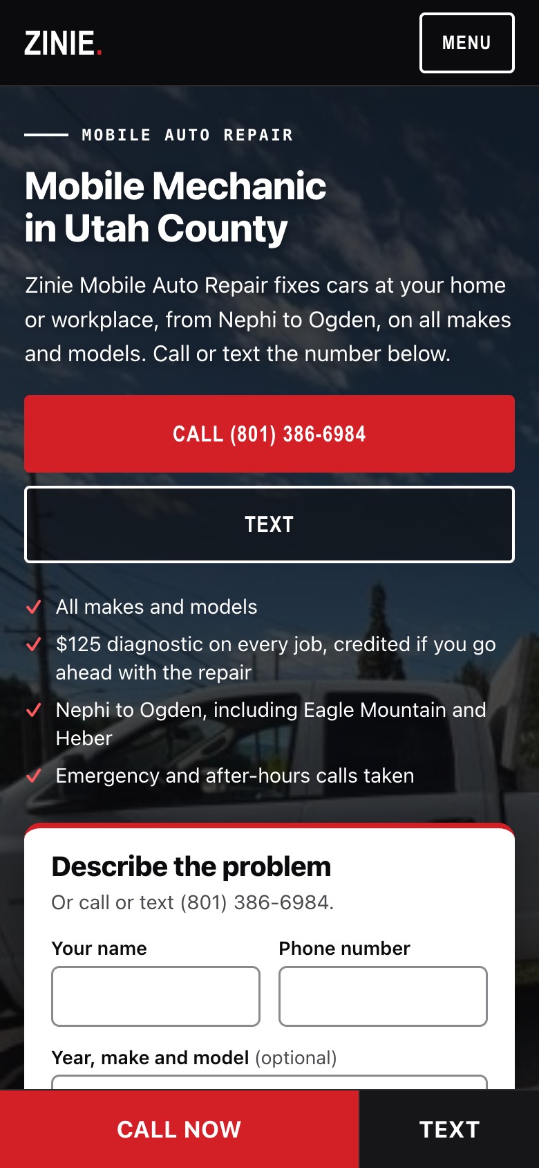 Zinie Mobile Auto Repair website on a phone: a Call button under the headline and a Call Now bar fixed to the bottom of the screen.