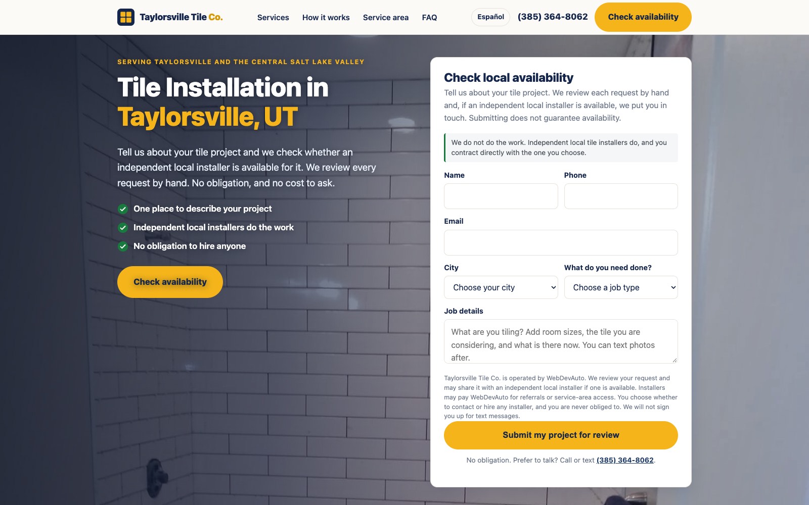 Taylorsville Tile Co. website built and operated by WebDevAuto